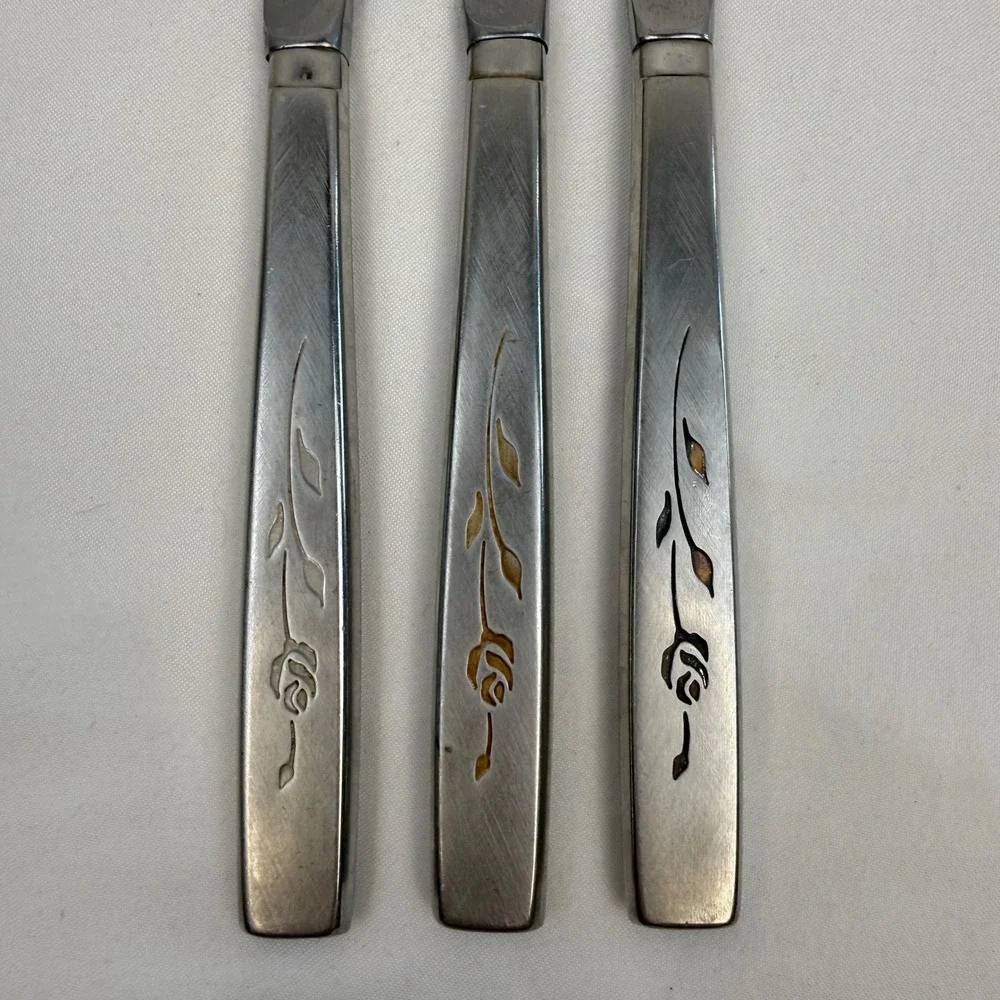 Vintage Stainless Steel Rose Floral Dinner Knives Set of 3 Silverware Flatware